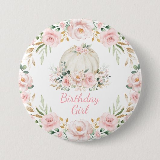 Pumpkin Birthday Girl Pink Blush Fall Floral Rose Button (Vorderseite)