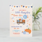 Pumpkin Birthday Invite Fall Boy Blue Trailer Einladung (Stehend Vorderseite)