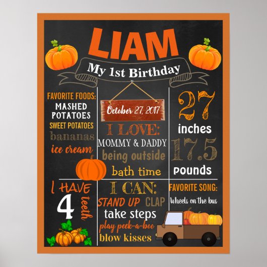 Pumpkin Birthday Party chalkboard-Zeichen Poster (Vorne)