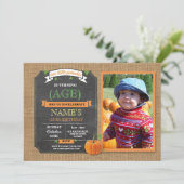 Pumpkin Birthday Party Harvest Foto Fall Einladung (Stehend Vorderseite)