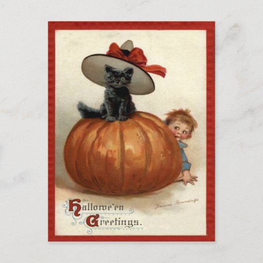 Pumpkin Black Cat Boy Frances Brundage Postkarte (Vorderseite)