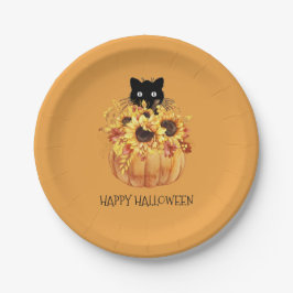 Pumpkin Black Cat Halloween Orange Paper Plate Pappteller