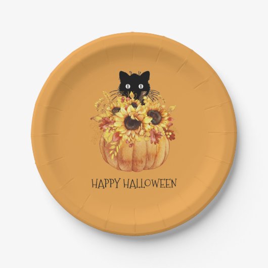 Pumpkin Black Cat Halloween Orange Paper Plate Pappteller (Vorderseite)