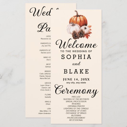 Pumpkin & Blätter Fall Almond Wedding Program (Vorne/Hinten)