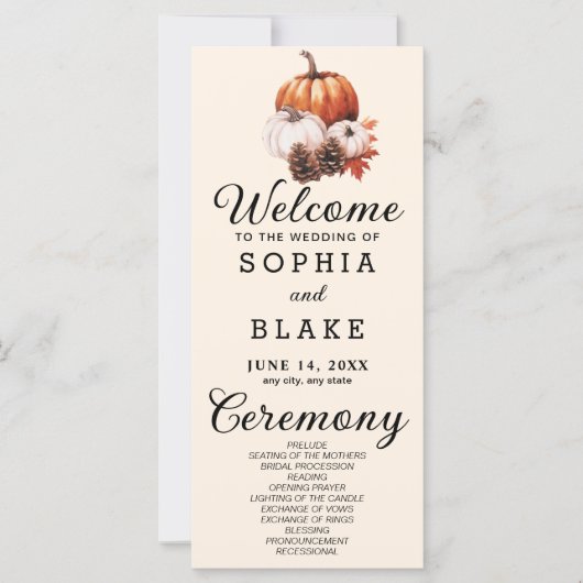 Pumpkin & Blätter Fall Almond Wedding Program (Vorderseite)
