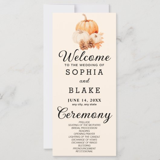 Pumpkin & Blätter Fall Almond Wedding Program (Vorderseite)