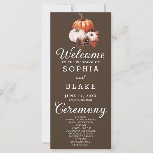 Pumpkin & Blätter Fall Cedar Brown Hochzeitsprogra (Vorderseite)