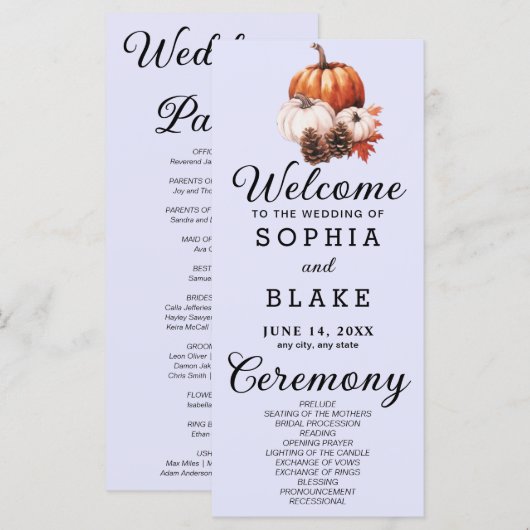 Pumpkin & Blätter Fall Lavender Wedding Programm (Vorne/Hinten)