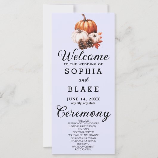 Pumpkin & Blätter Fall Lavender Wedding Programm (Vorderseite)