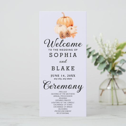 Pumpkin & Blätter Fall Lavender Wedding Programm (Stehend Vorderseite)