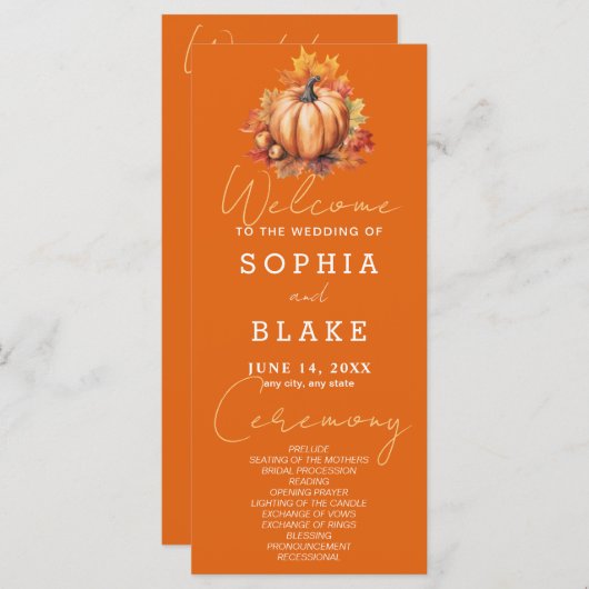Pumpkin & Blätter Fall Orange Wedding Program (Vorne/Hinten)