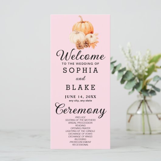 Pumpkin & Blätter Fall Soft Pink Wedding Program (Stehend Vorderseite)