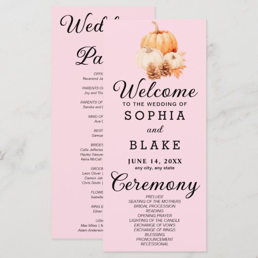 Pumpkin & Blätter Fall Soft Pink Wedding Program (Vorne/Hinten)
