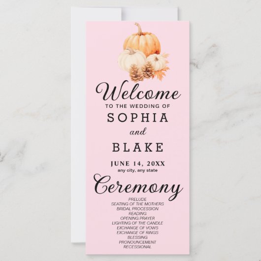 Pumpkin & Blätter Fall Soft Pink Wedding Program (Vorderseite)