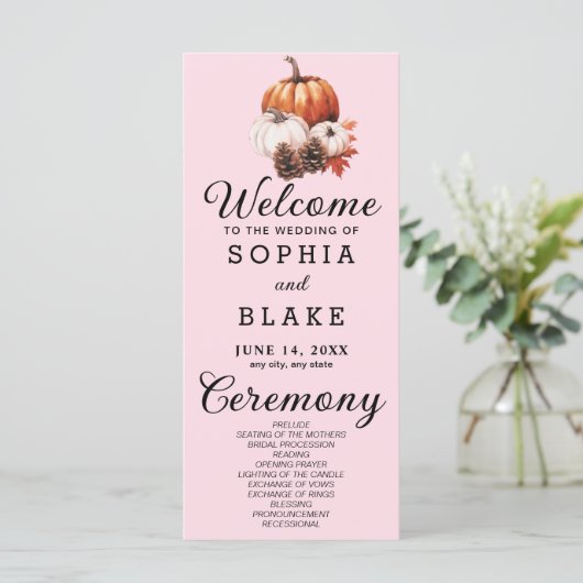 Pumpkin & Blätter Fall Soft Pink Wedding Program (Stehend Vorderseite)