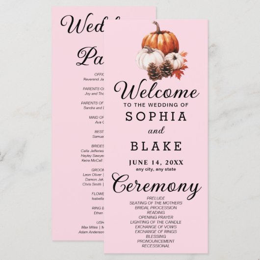 Pumpkin & Blätter Fall Soft Pink Wedding Program (Vorne/Hinten)