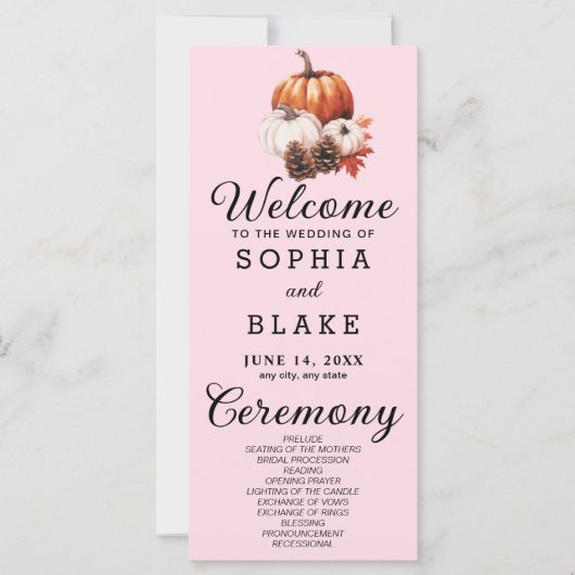 Pumpkin & Blätter Fall Soft Pink Wedding Program (Vorderseite)