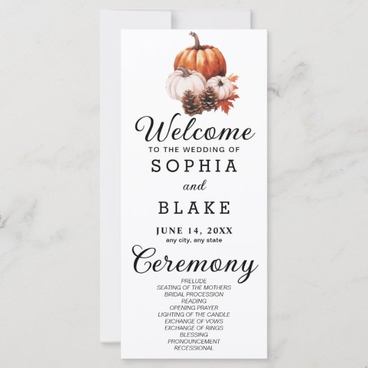 Pumpkin & Blätter Fall White Wedding Programm (Vorderseite)