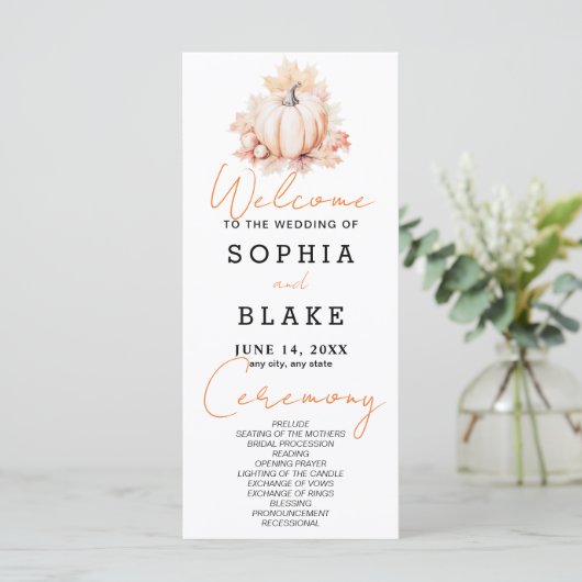 Pumpkin & Blätter Fall White Wedding Programm (Stehend Vorderseite)