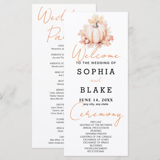 Pumpkin & Blätter Fall White Wedding Programm (Vorne/Hinten)