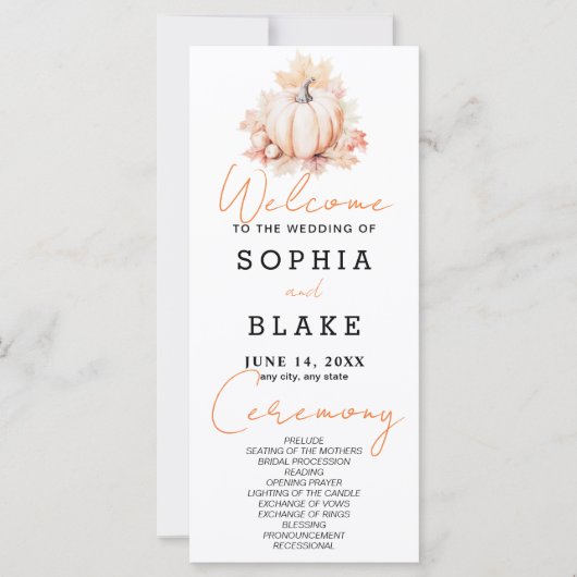 Pumpkin & Blätter Fall White Wedding Programm (Vorderseite)