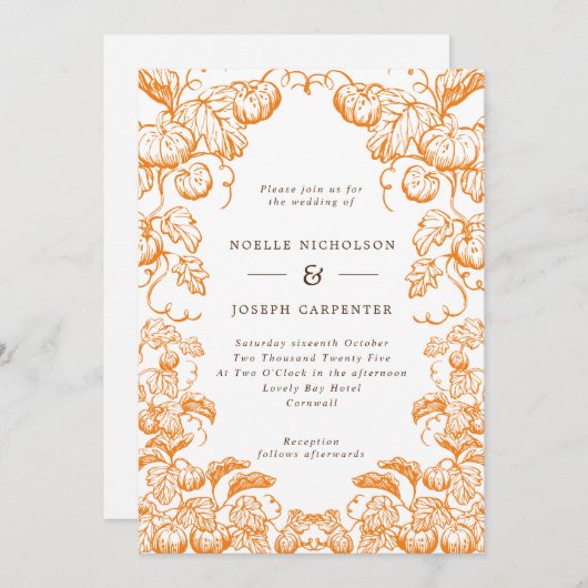 Pumpkin & Blätter Line Gezeichnet Frame Hochzeit i Einladung (Vorne/Hinten)