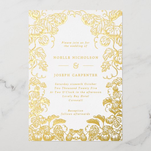 Pumpkin & Blätter Line Gezeichnet Frame-Hochzeit i Folieneinladung (Vorderseite)