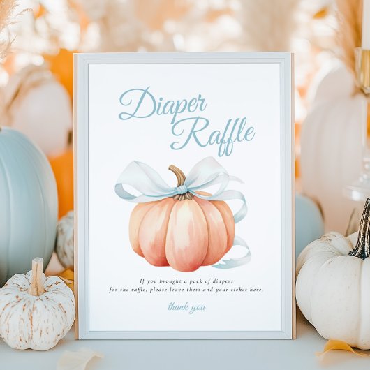 Pumpkin Blue Bow Diaper Raffle Table Sign Poster