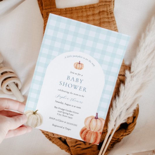 Pumpkin Blue Gingham Baby Boy Shower Arch Einladung