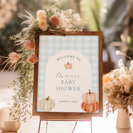 Pumpkin Blue Gingham Baby Dusche Willkommen Poster