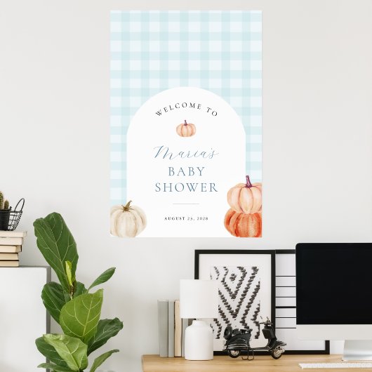 Pumpkin Blue Gingham Baby Dusche Willkommen Poster (Heimbüro)