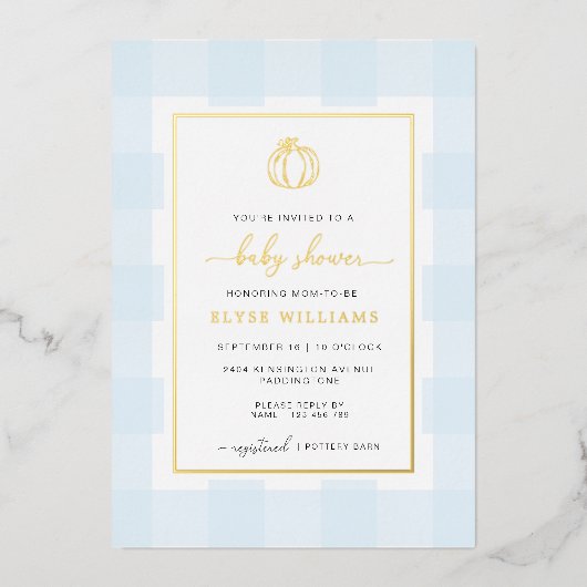 Pumpkin Blue Gingham Baby Shower Foil Einladung (Vorderseite)