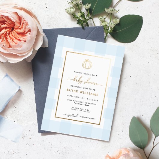 Pumpkin Blue Gingham Baby Shower Foil Einladung