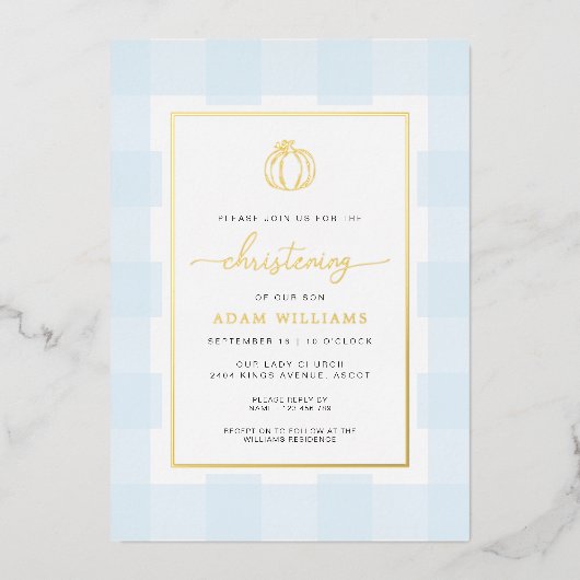 Pumpkin Blue Gingham Christening Foil Einladung (Vorderseite)