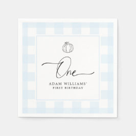 Pumpkin Blue Gingham First Birthday Paper Napkin Serviette