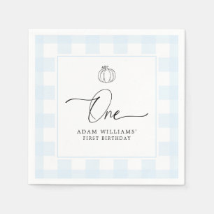 Pumpkin Blue Gingham First Birthday Paper Napkin Serviette