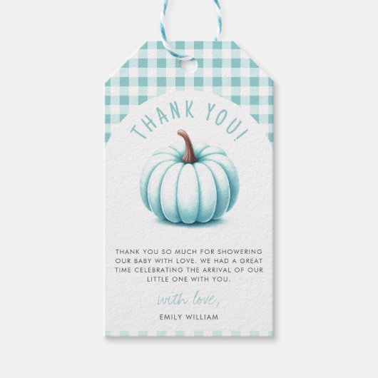 Pumpkin Blue Gingham Kariert Boy Baby Shower Geschenkanhänger (Vorderseite)