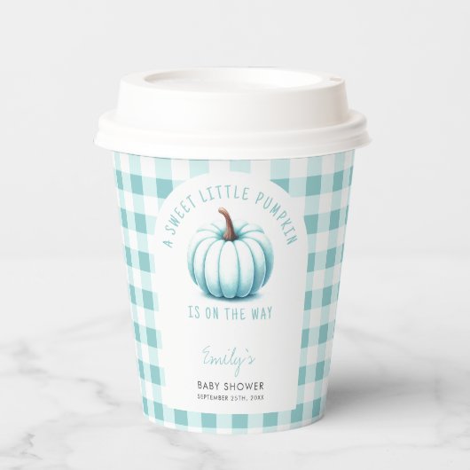 Pumpkin Blue Gingham Kariert Boy Baby Shower Pappbecher (Vorderseite)