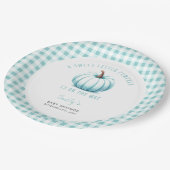 Pumpkin Blue Gingham Kariert Boy Baby Shower Pappteller (Schrägansicht)