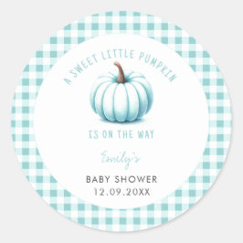 Pumpkin Blue Gingham Kariert Boy Baby Shower Runder Aufkleber