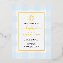 Pumpkin Blue Gingham Taufe Gold Foil Einladung