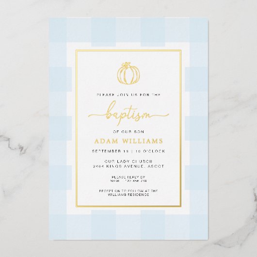 Pumpkin Blue Gingham Taufe Gold Foil Einladung (Vorderseite)