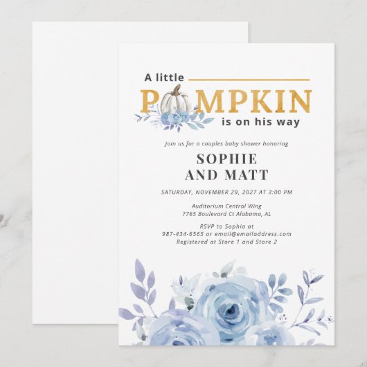 Pumpkin Blue Lilac Botanical Boys Baby Dusche Einladung (Vorne/Hinten)