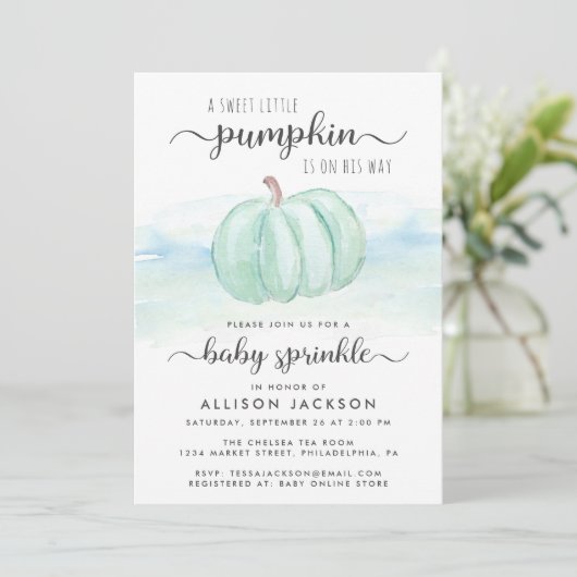 Pumpkin Blue Mint Watercolor Baby Sprinkle Einladung (Stehend Vorderseite)