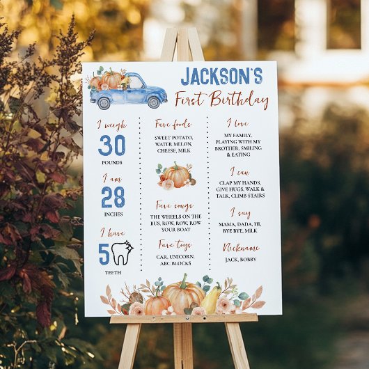 Pumpkin Blue Truck 1. Geburtstag Milestone Zeichen Poster