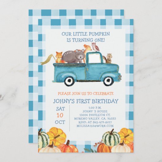 Pumpkin Blue Truck Animals 1. Geburtstag Einladung (Vorne/Hinten)