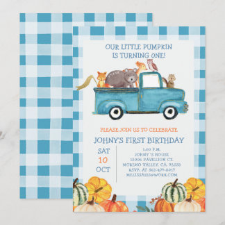 Pumpkin Blue Truck Animals 1. Geburtstag Einladung