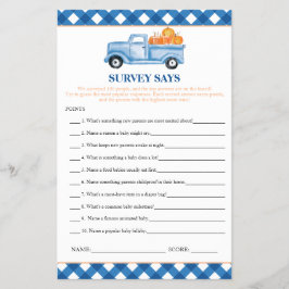 Pumpkin Blue Truck Survey sagt Baby Showgame Flyer