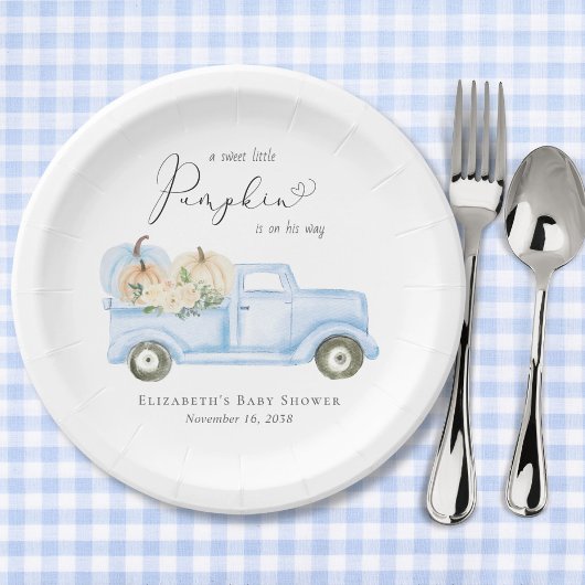Pumpkin Blue Truck Watercolor Babydusche Pappteller