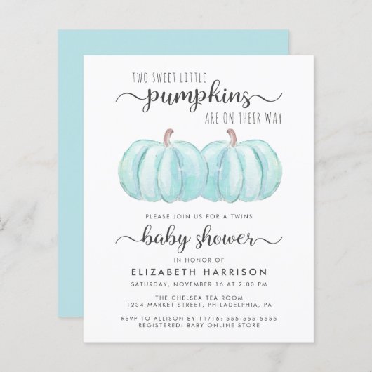 Pumpkin Blue Twin Baby Boys Dusche Einladung (Vorne/Hinten)